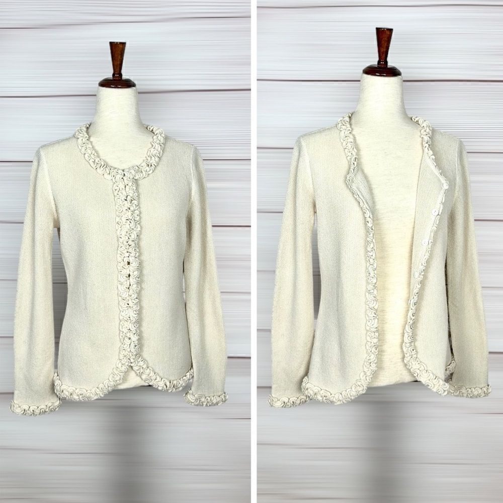 All Alpaca Ivory Cardigan Sweater Ruffle Details Hidden Button Closure M-L